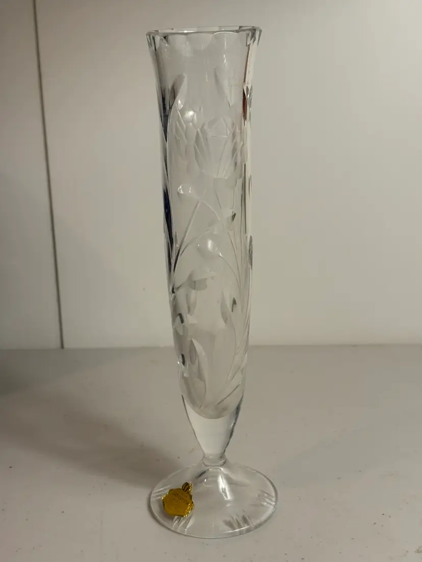 Vintage W Germany 24% Lead Crystal 9” VASE Hand Cut Floral