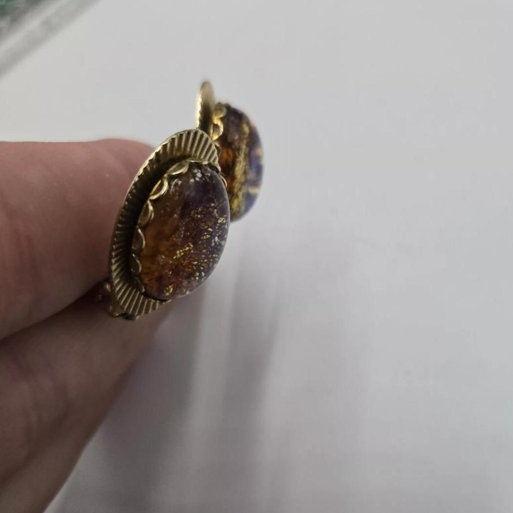 Vintage Dragon's Breath Stone Clip On Earrings Gold Tone