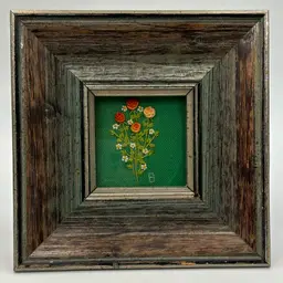 Vintage Embroidery Stitch Floral. Green Orange, White And Yellow Background Green. In Wonderful Condition. The Frame Has Hint Of Green Brown.