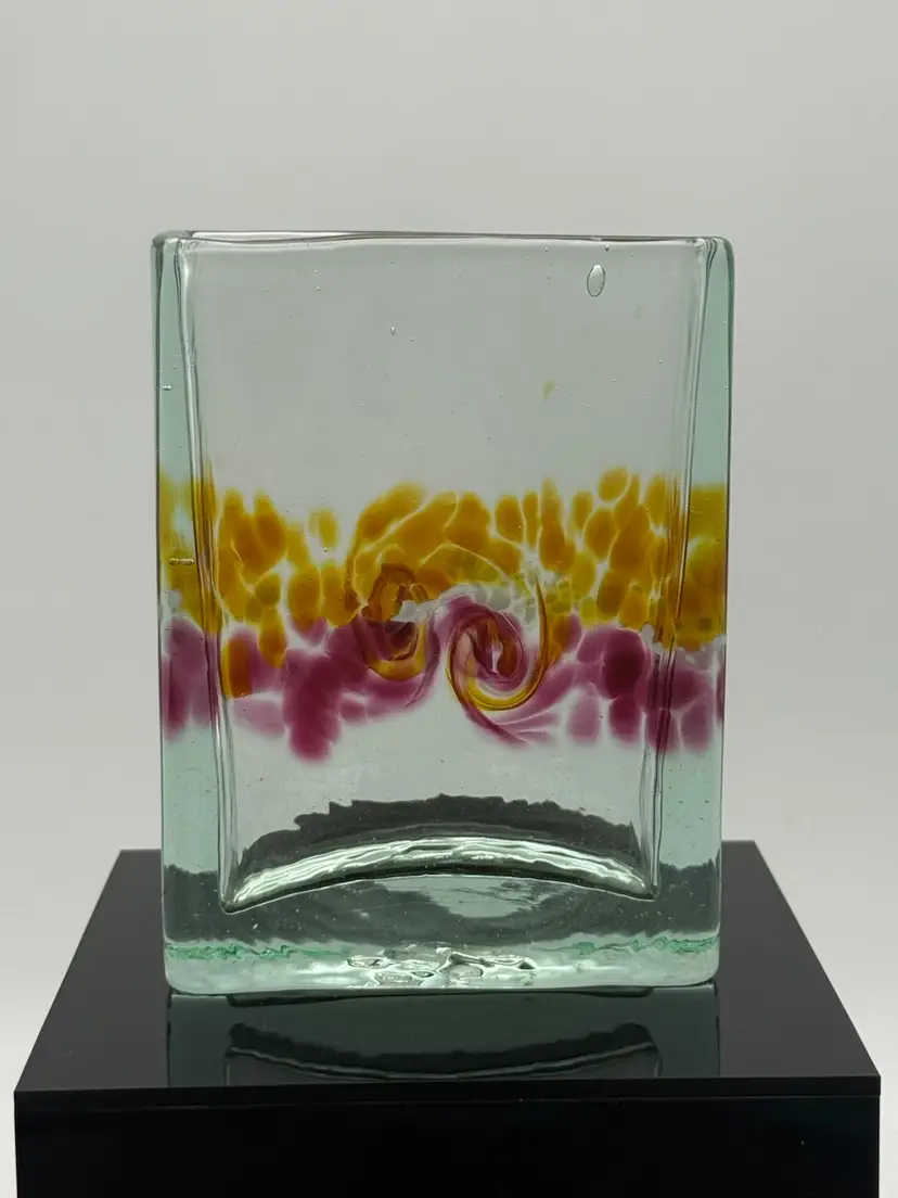 Kitras Glass Studio Magenta And Yellow Swirl Square Vase