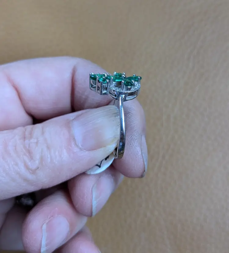 Vintage Sterling Silver Floral Ring in "Emeralds and Diamonds," Size 8