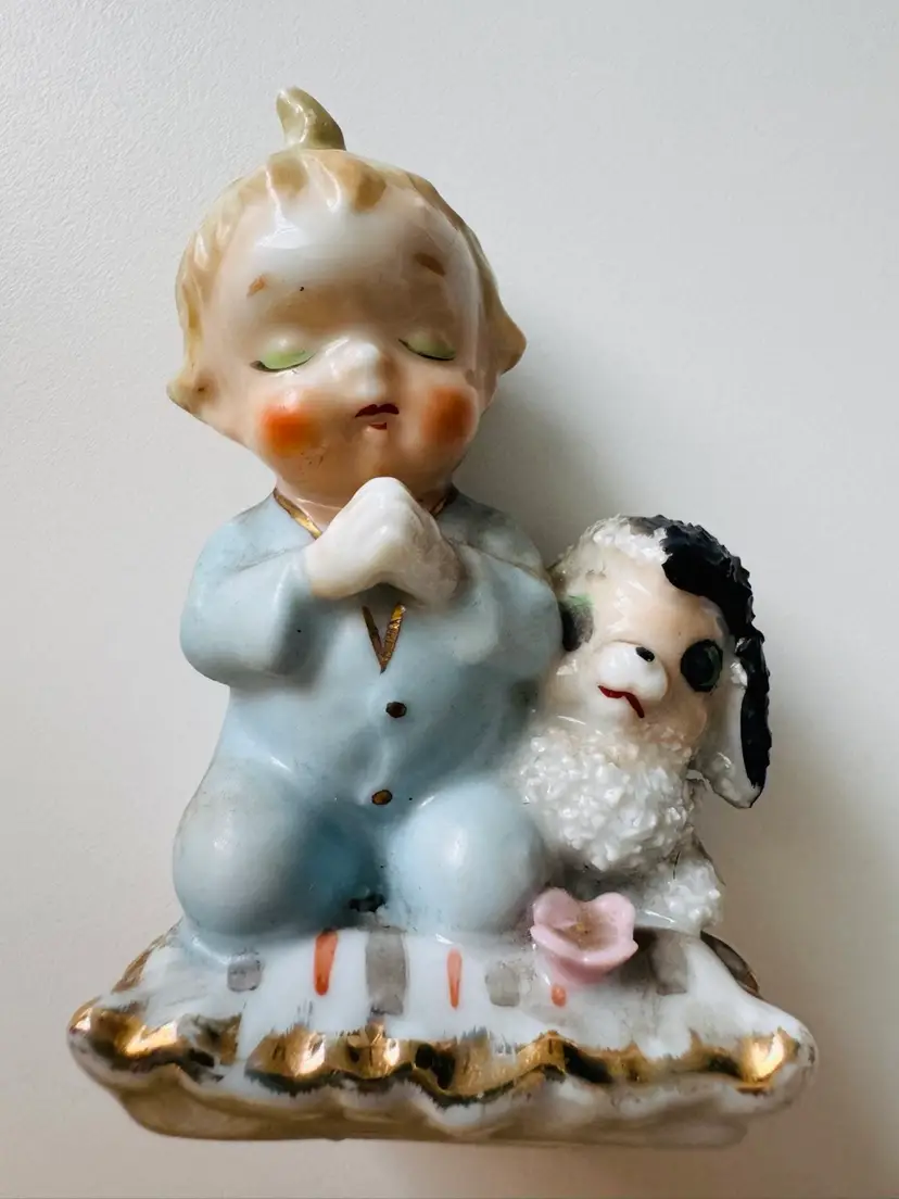 Kneeling Child Praying With His Sheep Figurine - So Sweet & Precious!