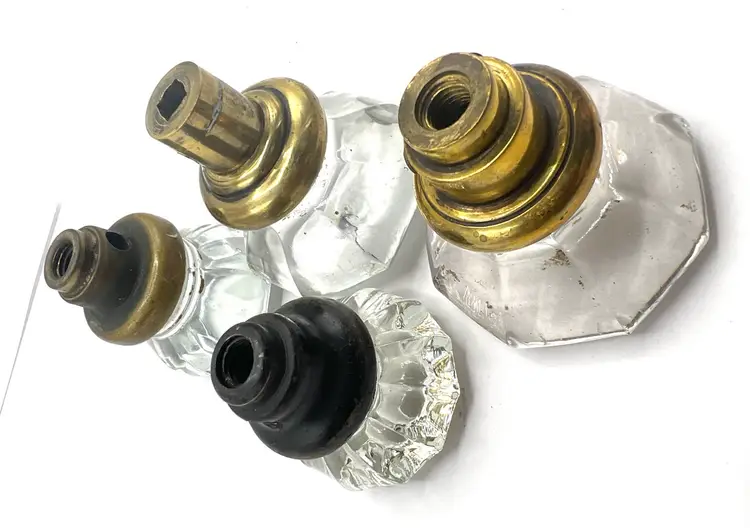 Antique Glass and Brass Doorknobs, Architectural Salvage, Set of 4, Clear Faceted Glass, Various Sizes