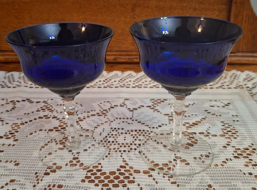 Vintage Louie Cobalt Blue Glass Tall Sherbet/Champagne Coupe Glasses
