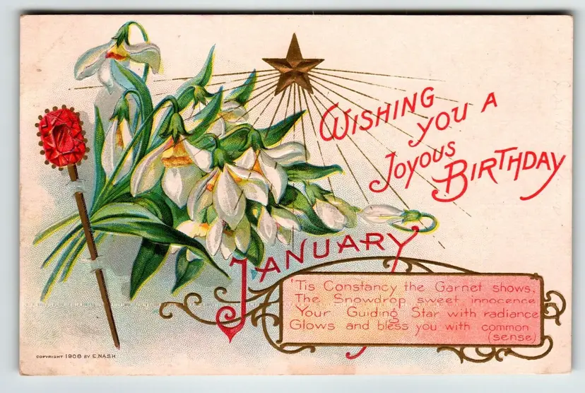 Birthday Flowers Gemstone Postcard Garnet Snowdrop Nash 1908 Gold Star January