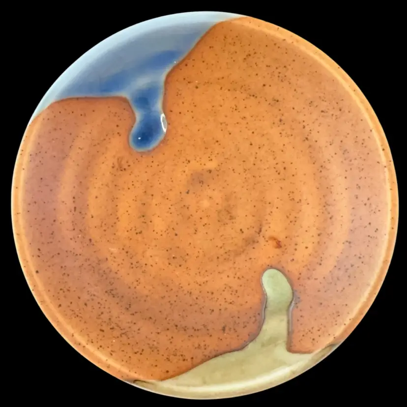 Pottery Trinket Dish With Blue And Green Glaze 3 3/4” Round 1” Rise On Sides