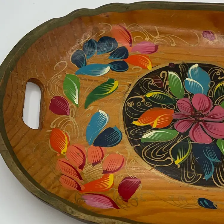 07-Hand Painted Double Handle Wooden Tray Floral 17.5”x11”