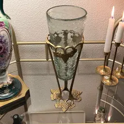 Vintage India Crackle Glass Vase W/ Brass Sculpted Grapes & Leaves Stand 9” Tall Vase 12” With Stand