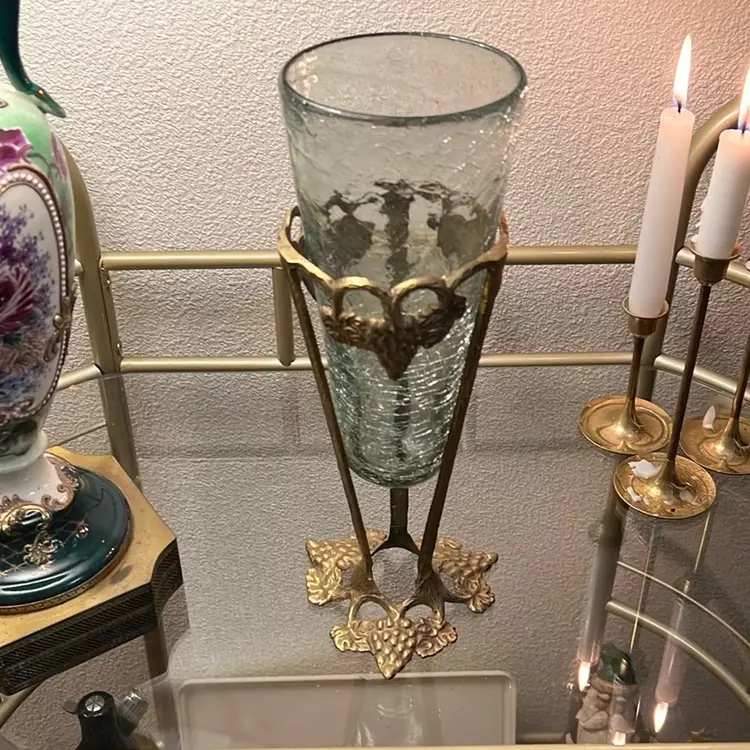Vintage India Crackle Glass Vase W/ Brass Sculpted Grapes & Leaves Stand 9” Tall Vase 12” With Stand
