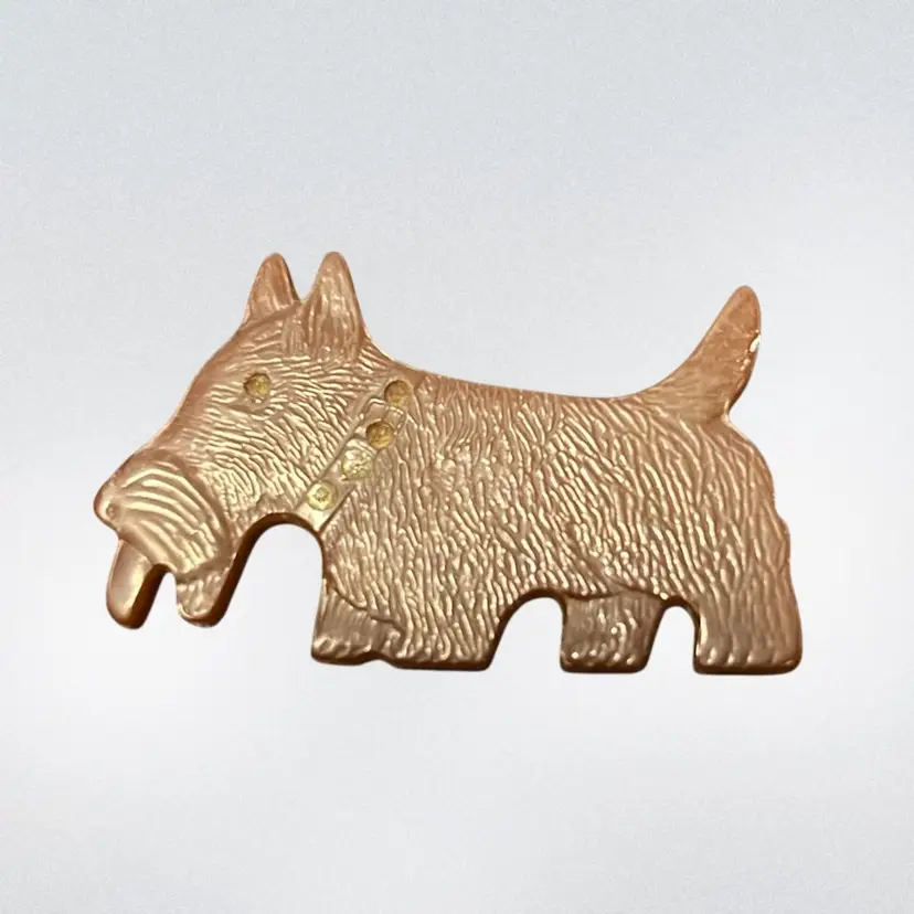 BAKELITE ALERT DOG! Vintage carved brown Bakelite Scottie dog pin. 2” Long Missing Rhinestones Bakelite , Simichrome Tested
