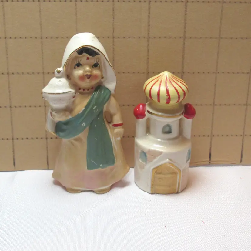 VTG Indian Girl & Building Salt & Pepper Shaker Set