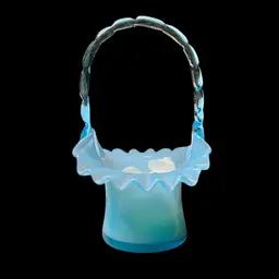 16. Blue Fenton Cased Glass Basket / Vintage Art Glass Basket With Ruffled Edge / Fenton Aqua Cased-Glass / 1940s-50's 7” Tall