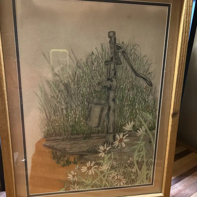 Framed Matted 22x17 Signed Sketch Of Water Pump With Color