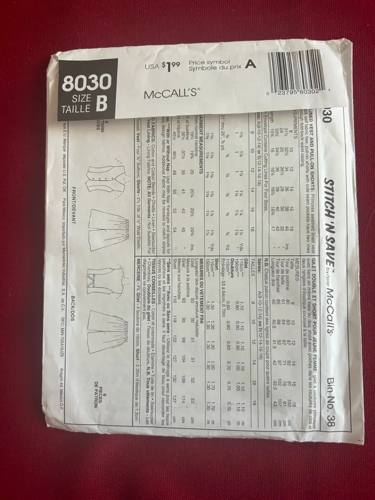 Vtg Stitch & Save Pattern 8030 Lined Vest & Shorts Uncut gf