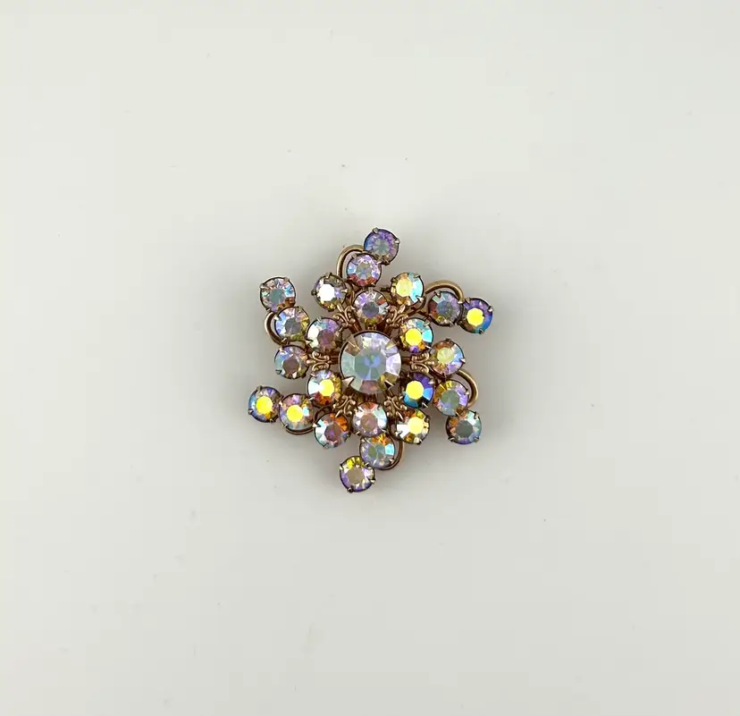 Vintage Gold Tone AB Rhinestone Starburst Brooch 2β