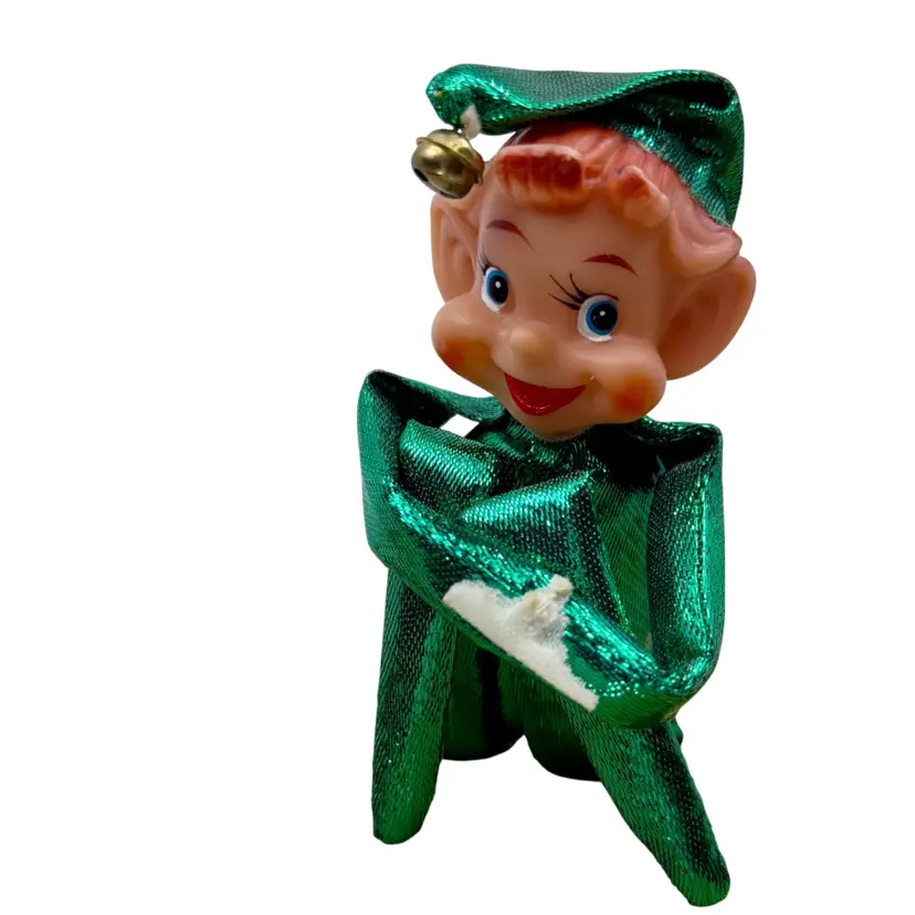Knee Hugger Elf Pixie Figurine Plastic Face Green Metallic Suit Christmas READ
5” (Sitting)
