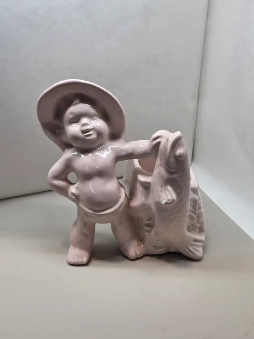 Vintage Royal Haeger Pink Ceramic Planter Baby Holding Fish
