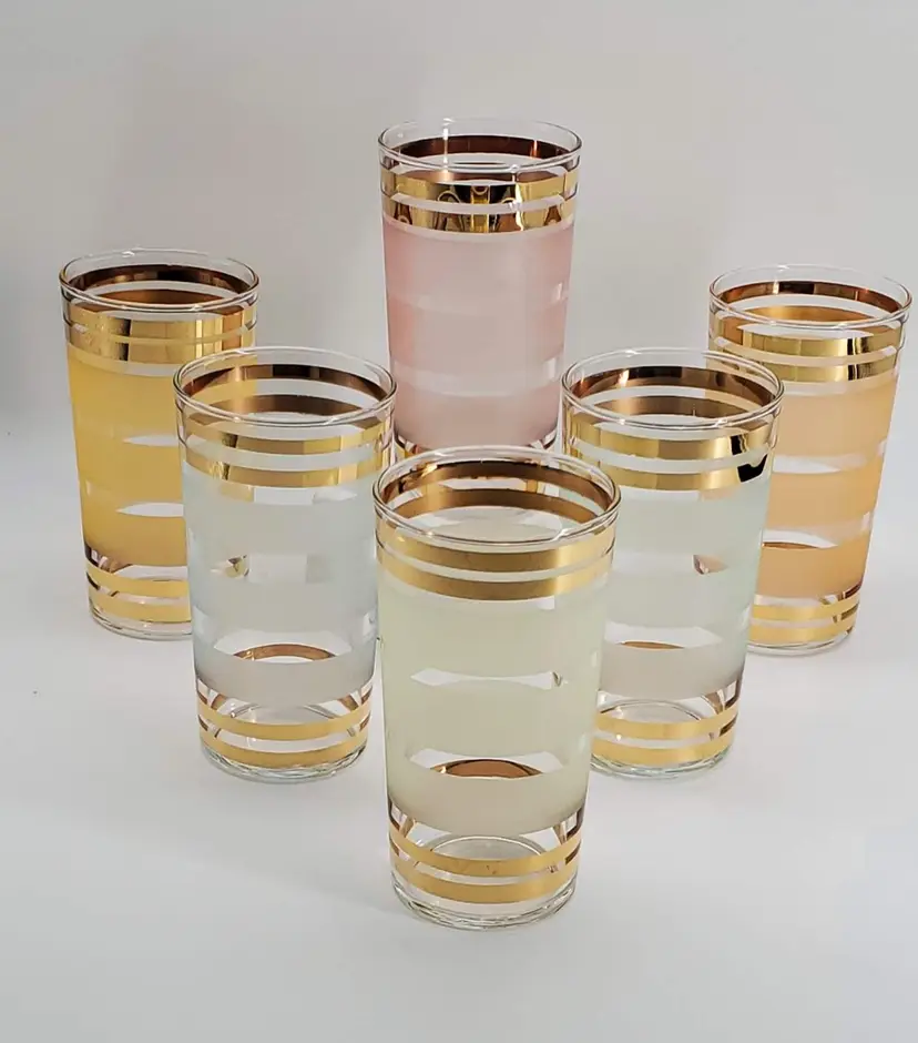 Pastel Frosted Gold Striped Highball Glasses MCM Set of 6