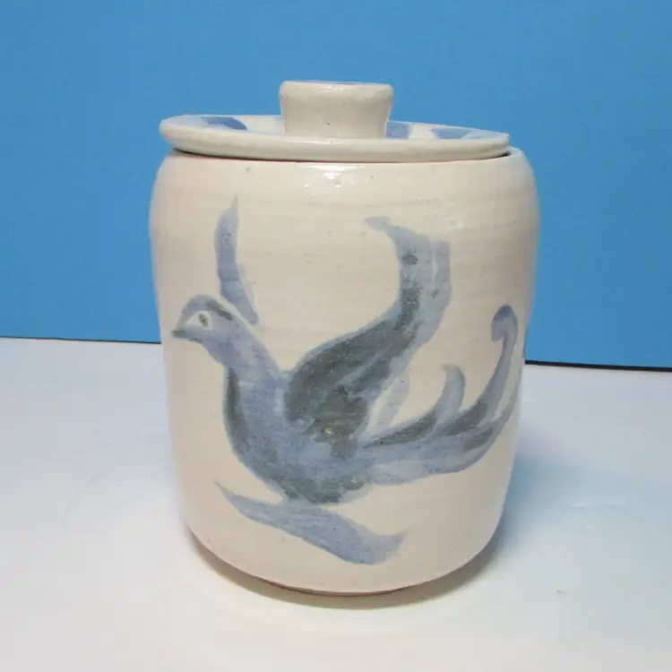 *read* vintage salt glazed 5" jar with lid blue bird design artist signed