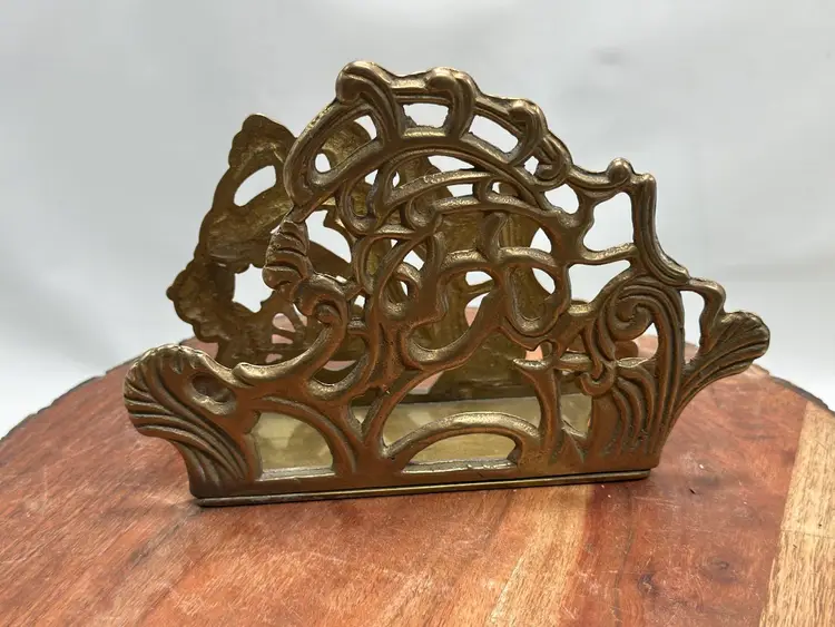Vintage Scroll Ornate Solid Brass Napkin Holder Letter Mail Rack 1983