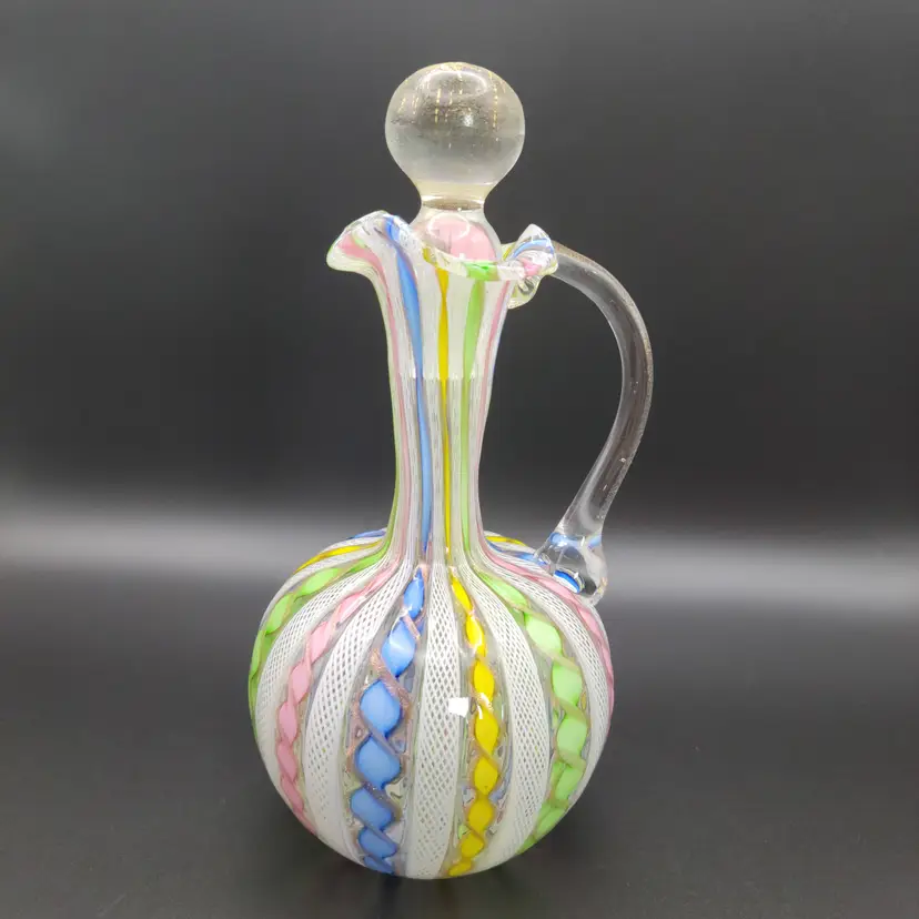 #01 Vintage Murano Art Glass Cruet with stopper Pastel /Gold Ribbons and White Latticino Canes