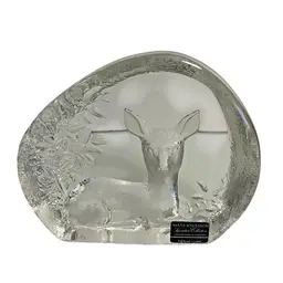Glass Art Signed Paperweight sculpture Mats Jona. Sweden Lead Crystal Deer Fawn