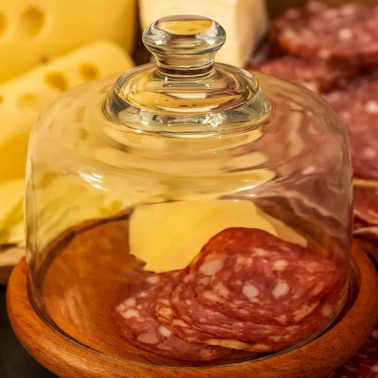 Danish Teak Tray With A Heavy Glass Cloche