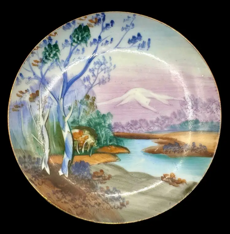 Vintage Hand Painted Small Decorative Plate Japan Landscape Mt Fuji Purple 4”