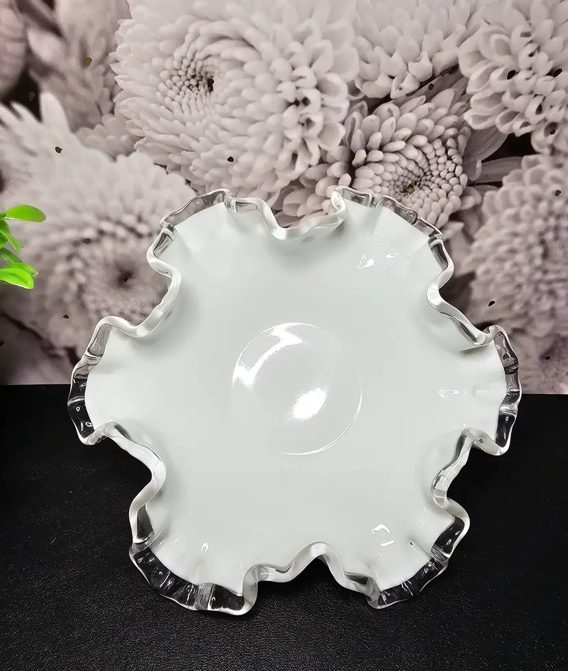 Vintage Fenton White Milk Glass Silver Crest Ruffled Candy Nut Trinket Dish 6"