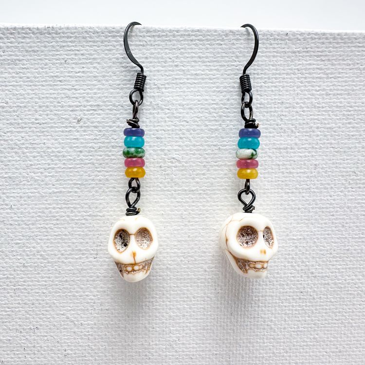 Skull Earrings Handmade Multicolor Stone Bead Accents 2"L