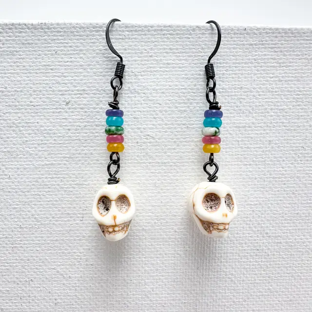 Skull Earrings Handmade Multicolor Stone Bead Accents 2