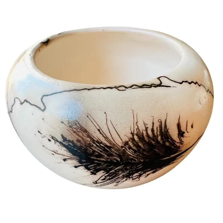 Vintage Horsehair And Feather Signed Shye Little Raku Bowl 3” x 4”