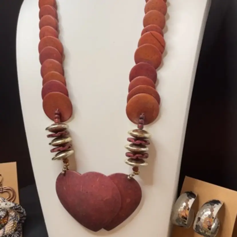 Coconut Shell Pendant With Wood And Beaded Statement Necklace