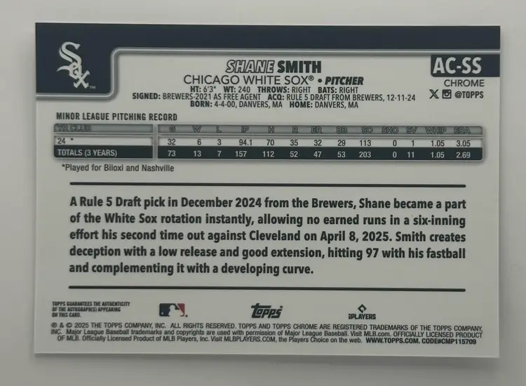 Shane Smith Topps Chrome Autograph White Sox RC