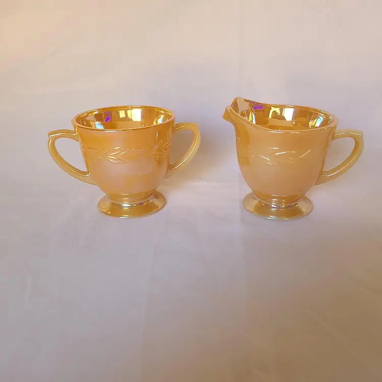 Vintage Fire King Peach Luster Laurel Leaf Creamer Sugar Set Ovenware USA