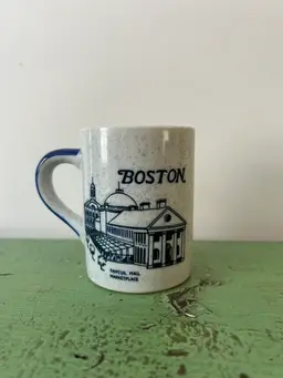 Vtg Boston Stoneware Coffee Mug. Embossed Design | Speckled Ceramic Souvenir Harbor Faneuil Hall