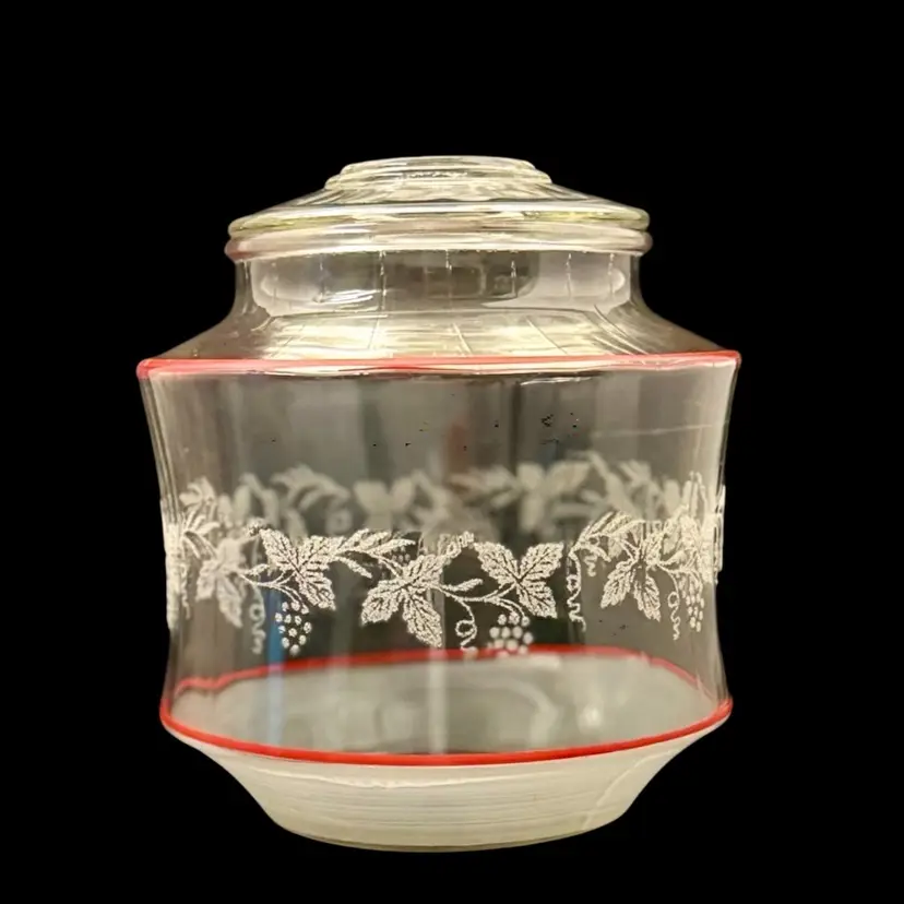 Bartley Collin’s Cookie Jar/Canister With Lid  Clear Glass Frosted Raised Grape Vine & Red Stripe READ 
8”x 7.75”