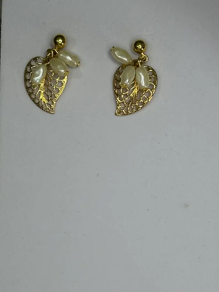 Filigree Gold Leaf Adorned With White Pearls Dangle Earrings Art DecoVintage