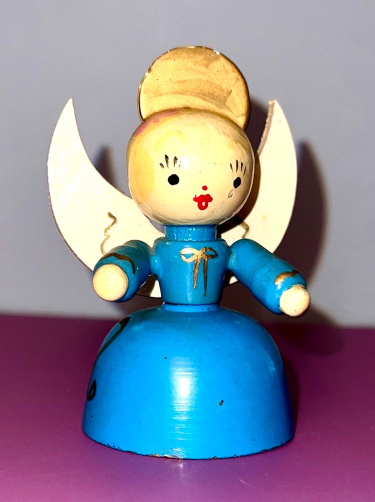 Vintage Kitschy Metal And Wood Christmas Angel Bell 3”