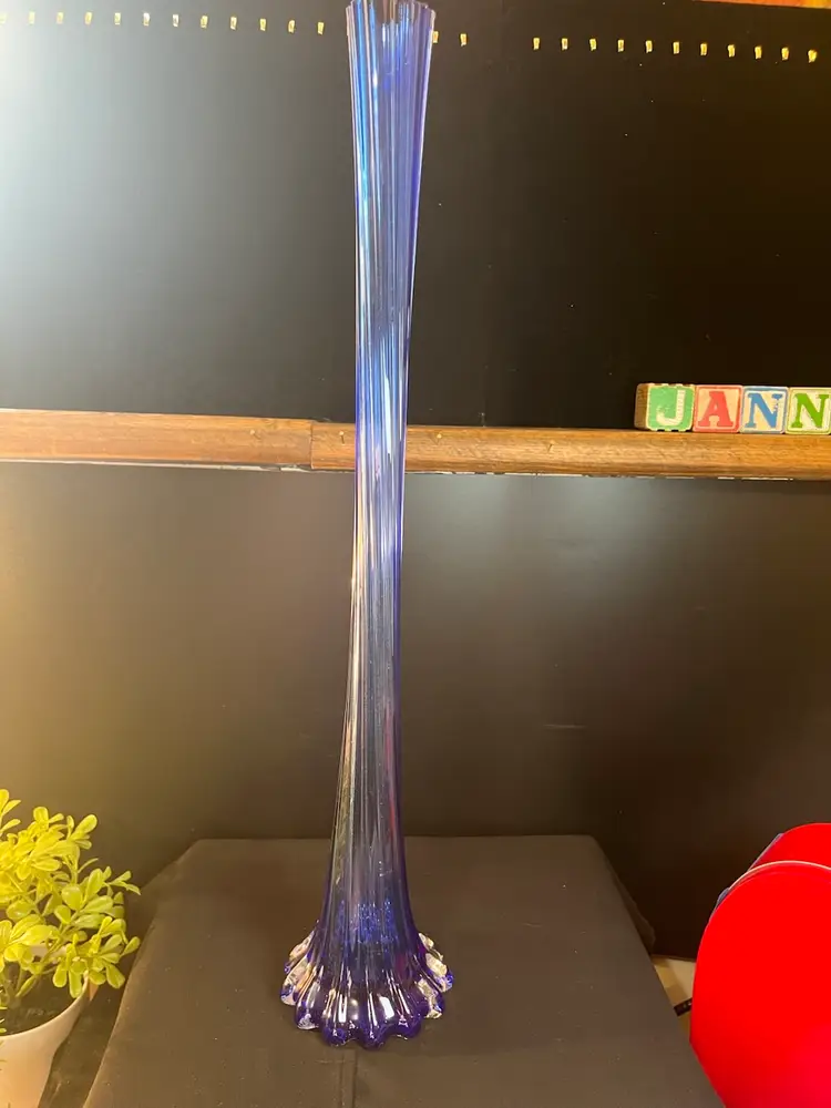 Ombre Cobalt Blue Twisted & Tapered  Stretch Glass Vase w/ Clear Base that Features "Elephant Toes"- 19 3/4" High