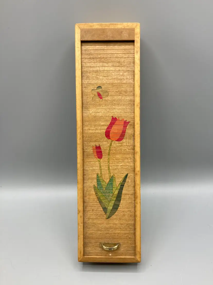 Vintage Wooden Roll Top Pencil Box Made in Japan - Hand Painted
