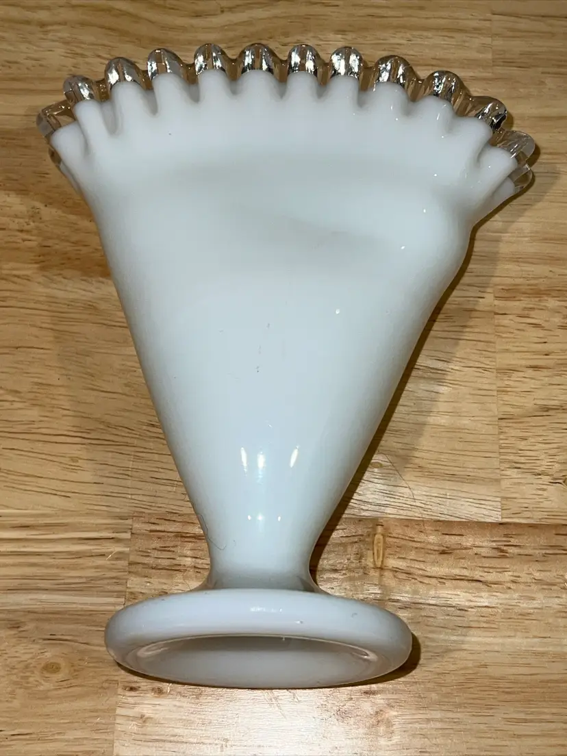 Fenton Milk Glass Silver Crest 7" Fan Vase