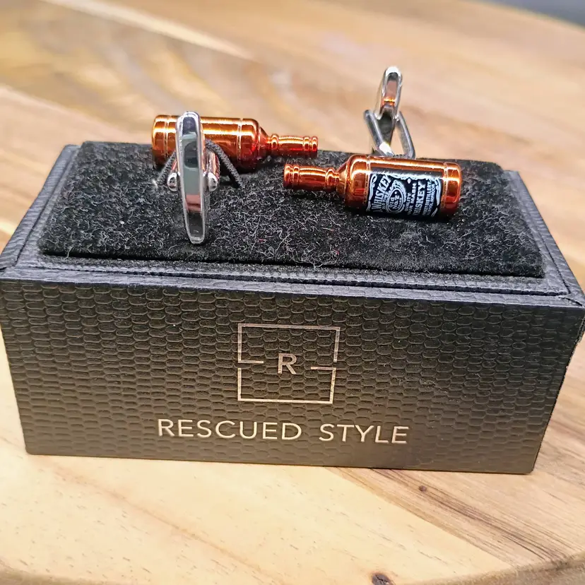Rescued Style Stolen Riches Silver Plated Mini Whiskey Bottle Cuff Links NIB