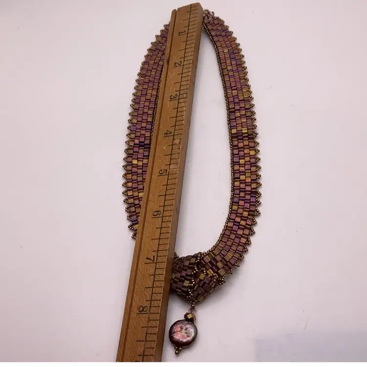 Woven Bead Collar Choker Necklace with Pearl Pendant and Sterling Box Clasp Artisan Made 14”