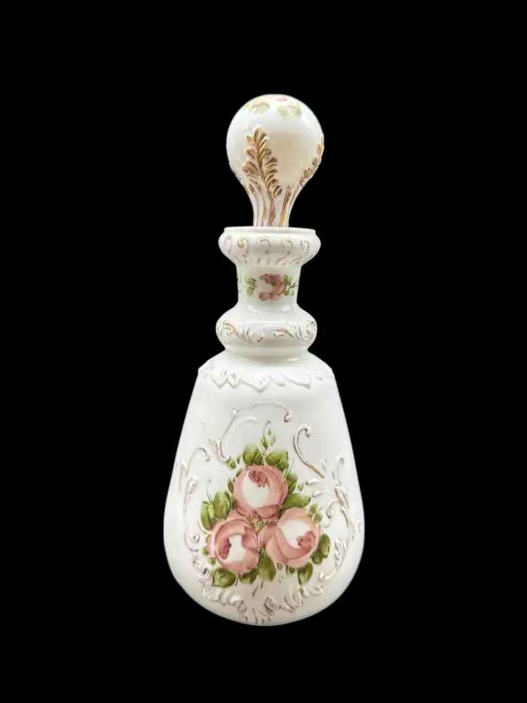 Charleton Roses Milk Glass Dresser Bottle (Kemple) & Stopper Vanity Cologne