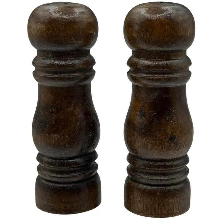 Vintage Wooden Dark Brown Column Salt & Pepper Shakers MCM 4.75"