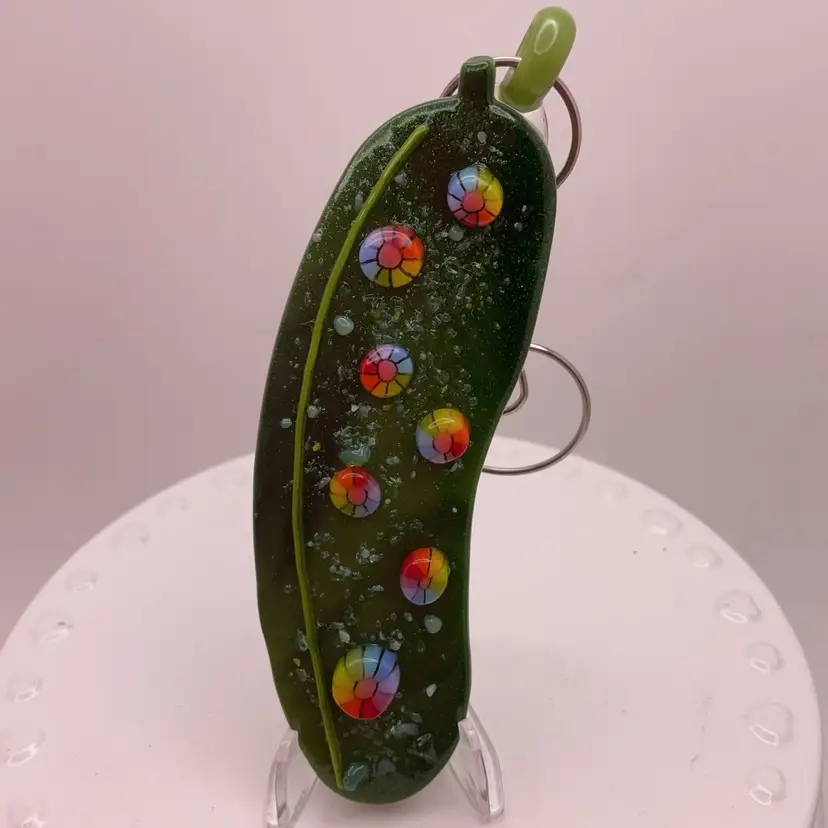 Made by Me! Fused Glass Rainbow Dots  "In a Pickle" Ornament 3.25” Handcrafted Studio Art
