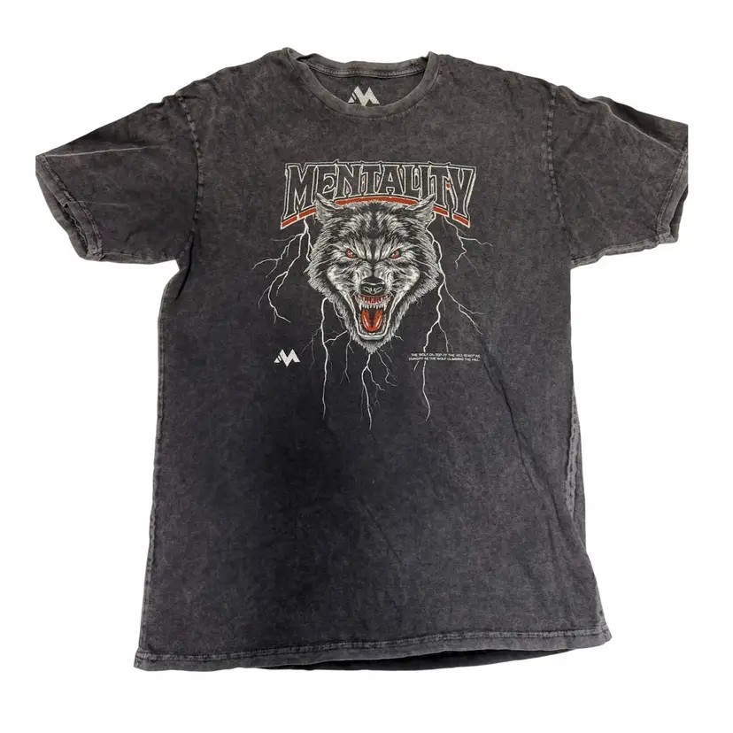 ‘Wolf Mentality’ Black Wash Cotton Unisex T-Shirt by Mentality Brand Size XL