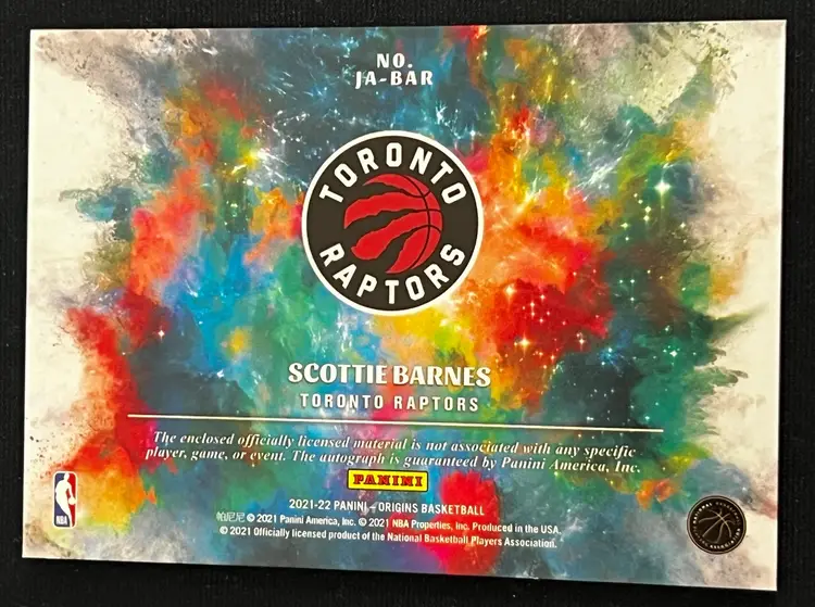 Scottie Barnes 2021-22 Origins Red RPA /49 #JA-BAR Rookie Tri-Color Patch Auto RC Toronto Raptors