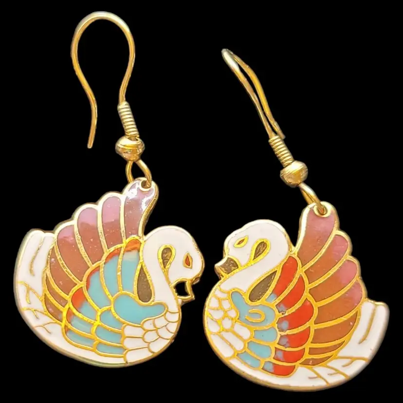 Vintage Cloisonne Earrings White Multicolor Enamel Swans Gold-Tone 2"